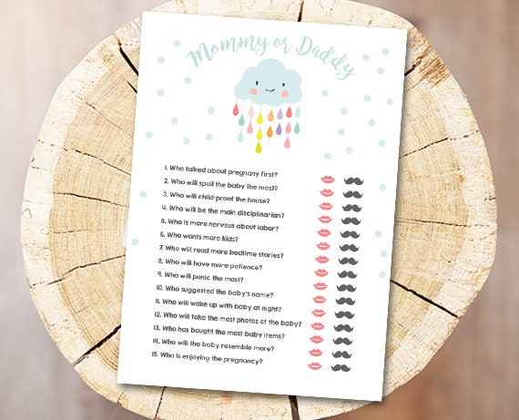 Cloud Baby Shower Who Said He Said She Said Game Mommy or Daddy Raindrops Rain Drop Printable Baby Game Shower Activities DIY Printable 0036