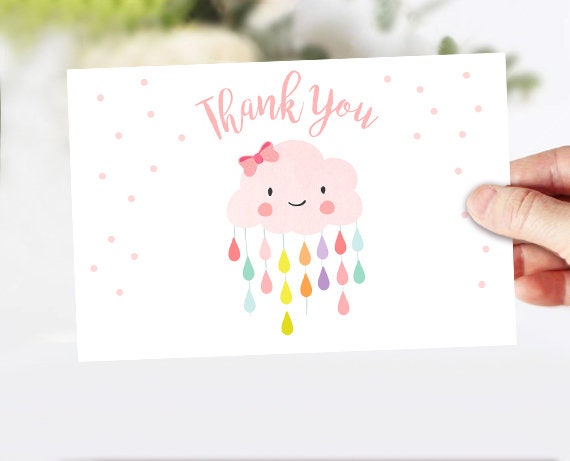 Baby Shower Thank you Card Cloud Thank You Note 4x6&quot; Rain Cloud Raindrop Showered with Love Sprinkle Girl Pink Instant Download 0036