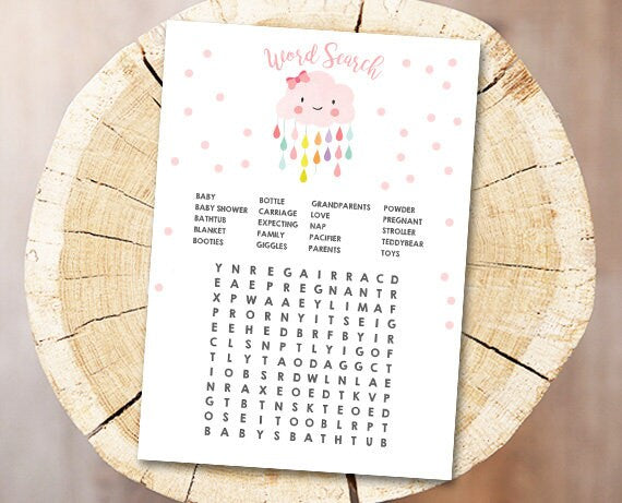 Cloud Baby Shower Game Word Search Game Cards Instant Raindrops Rain Drops Girl Printable Baby Game Shower Activities DIY Printable 0036