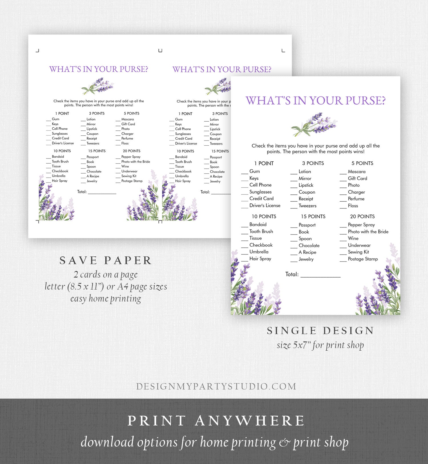 Lavender Bridal Shower What's in your Purse Printable Game Greenery Purple France Rustic Editable DIY Game Floral Download PRINTABLE 0206