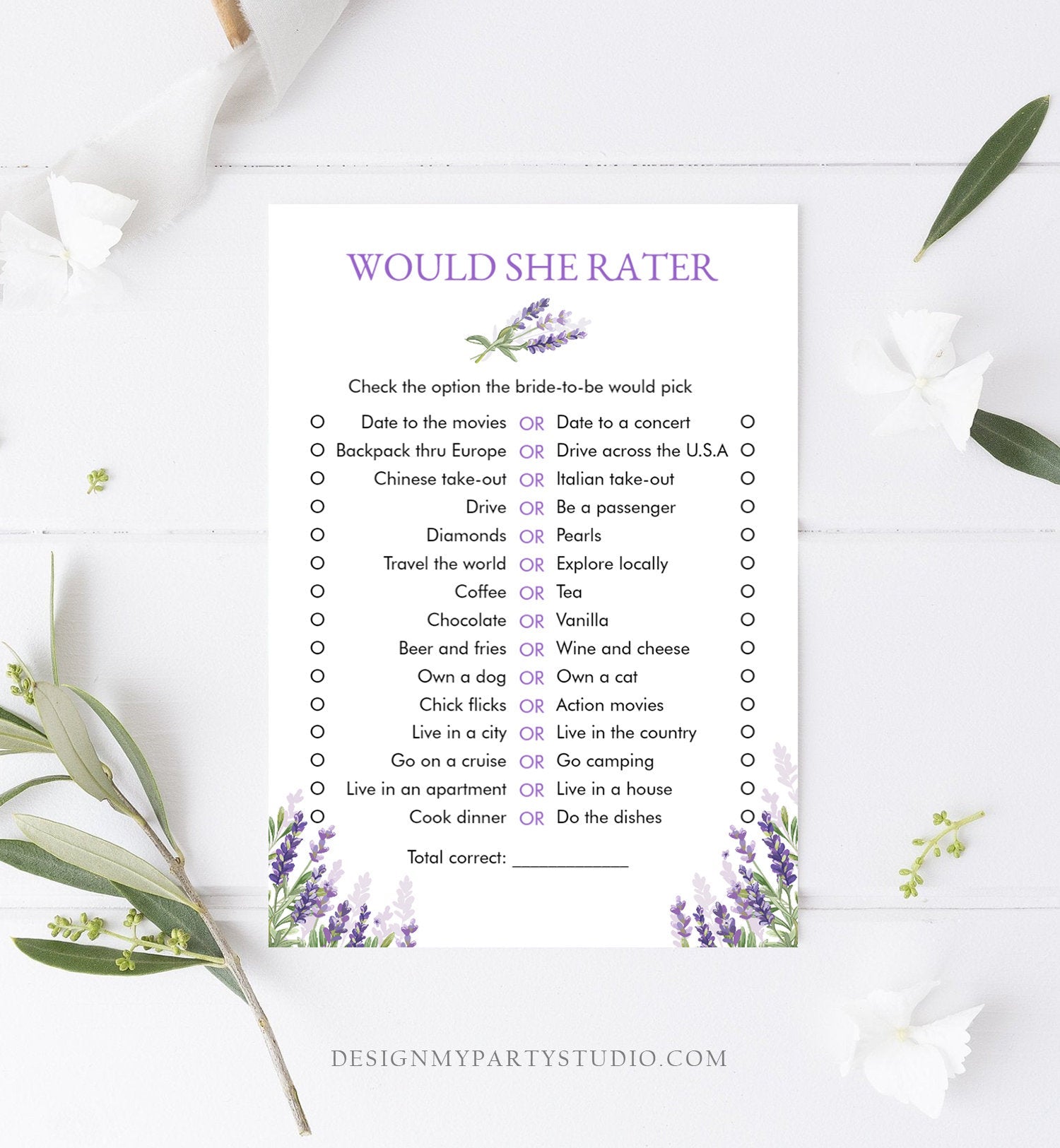 Would She Rather Bridal Shower Game Wedding Shower Activity Lavender Rustic France Country Game Editable Template Download PRINTABLE 0206