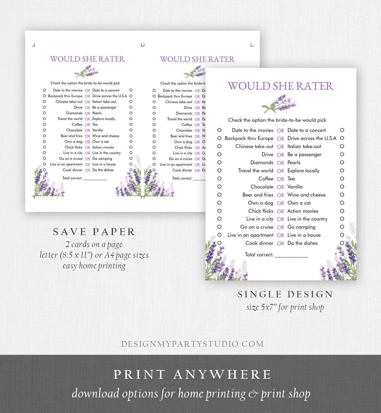 Would She Rather Bridal Shower Game Wedding Shower Activity Lavender Rustic France Country Game Editable Template Download PRINTABLE 0206