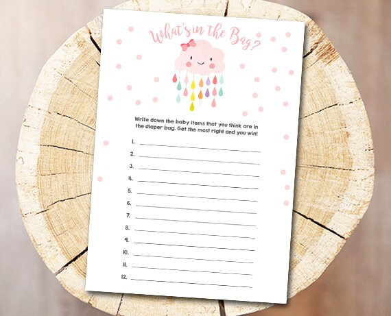 Cloud Baby Shower What's in the Bag Diaper Bag Guessing Raindrops Rain Drops Girl Pink Download Printable Baby Game Shower Activities 0036