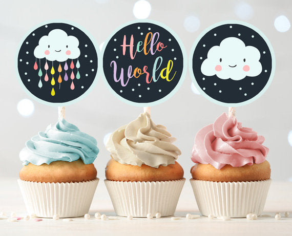 Cloud Baby Shower Cupcake Toppers Favor Tags Rain Cloud Decoration Baby Sprinkle Rainbow Raindrops Neutral download Digital PRINTABLE 0036