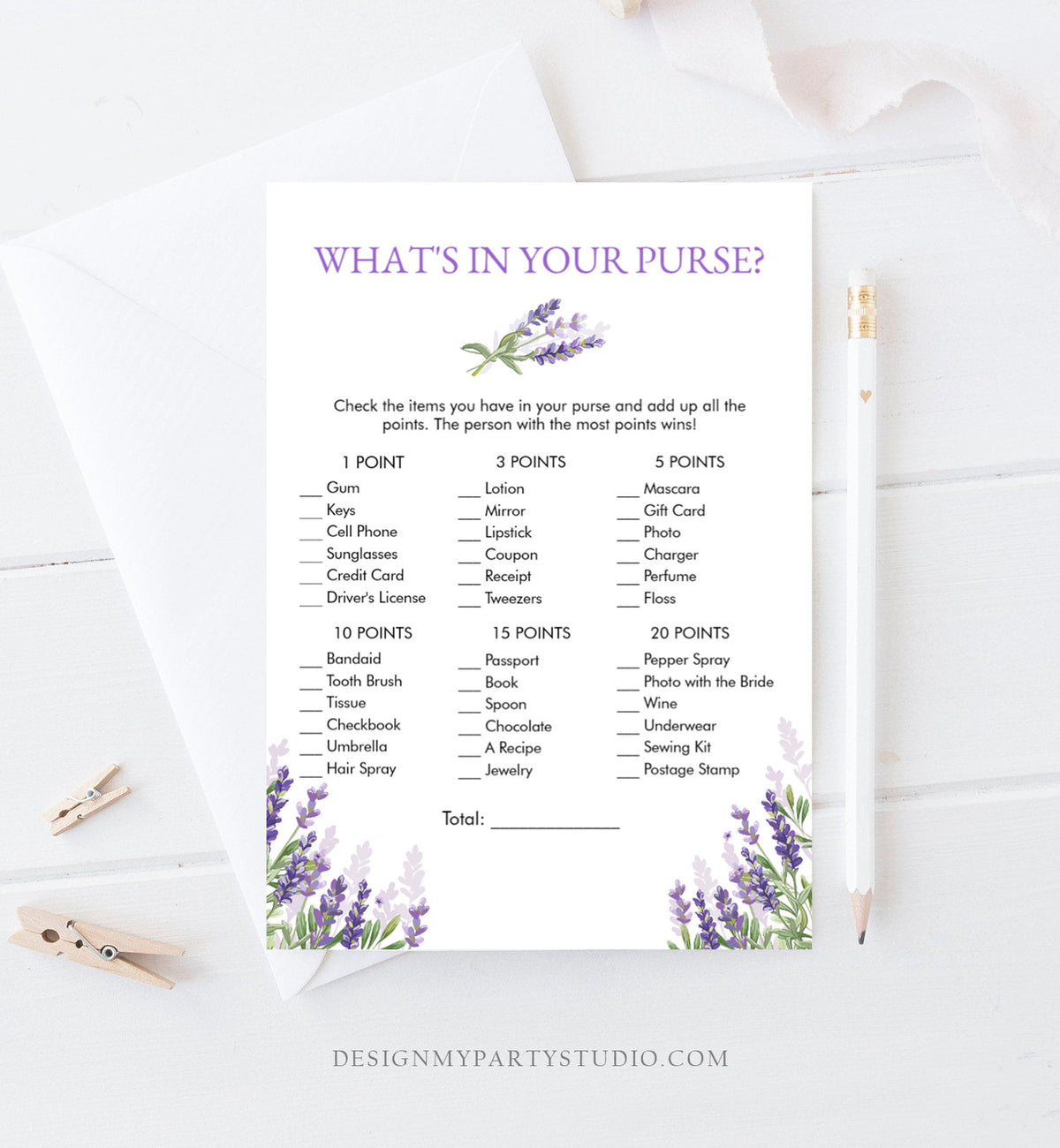 Lavender Bridal Shower What&#39;s in your Purse Printable Game Greenery Purple France Rustic Editable DIY Game Floral Download PRINTABLE 0206