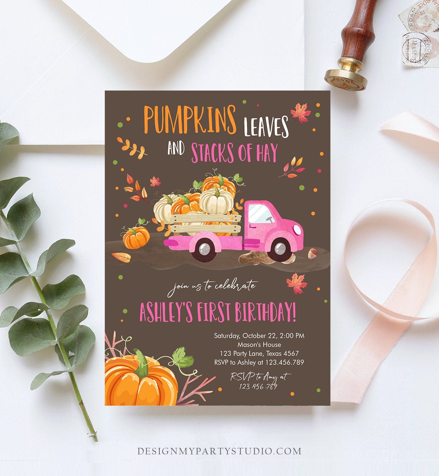 Editable Pumpkin Birthday Invitation Girls Fall Girl Pumpkin Truck Birthday Party Pink Orange Download Printable Invite Template Corjl 0153