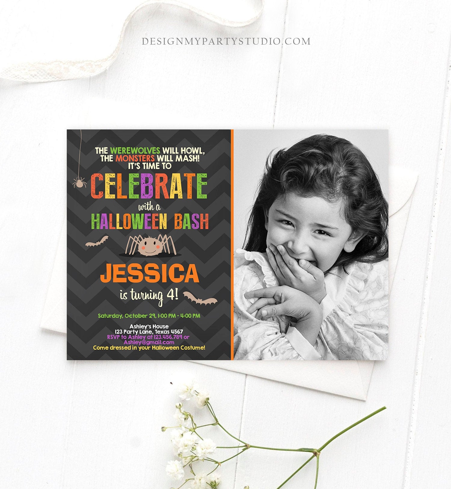 Editable Halloween Birthday Invitation Costume Party Spider Girl Download Printable Invite Template Editable Corjl Digital 0257