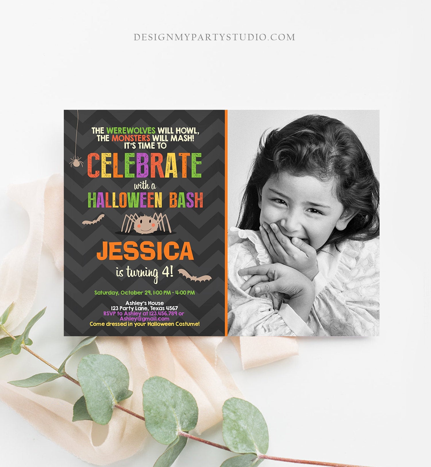 Editable Halloween Birthday Invitation Costume Party Spider Girl Download Printable Invite Template Editable Corjl Digital 0257