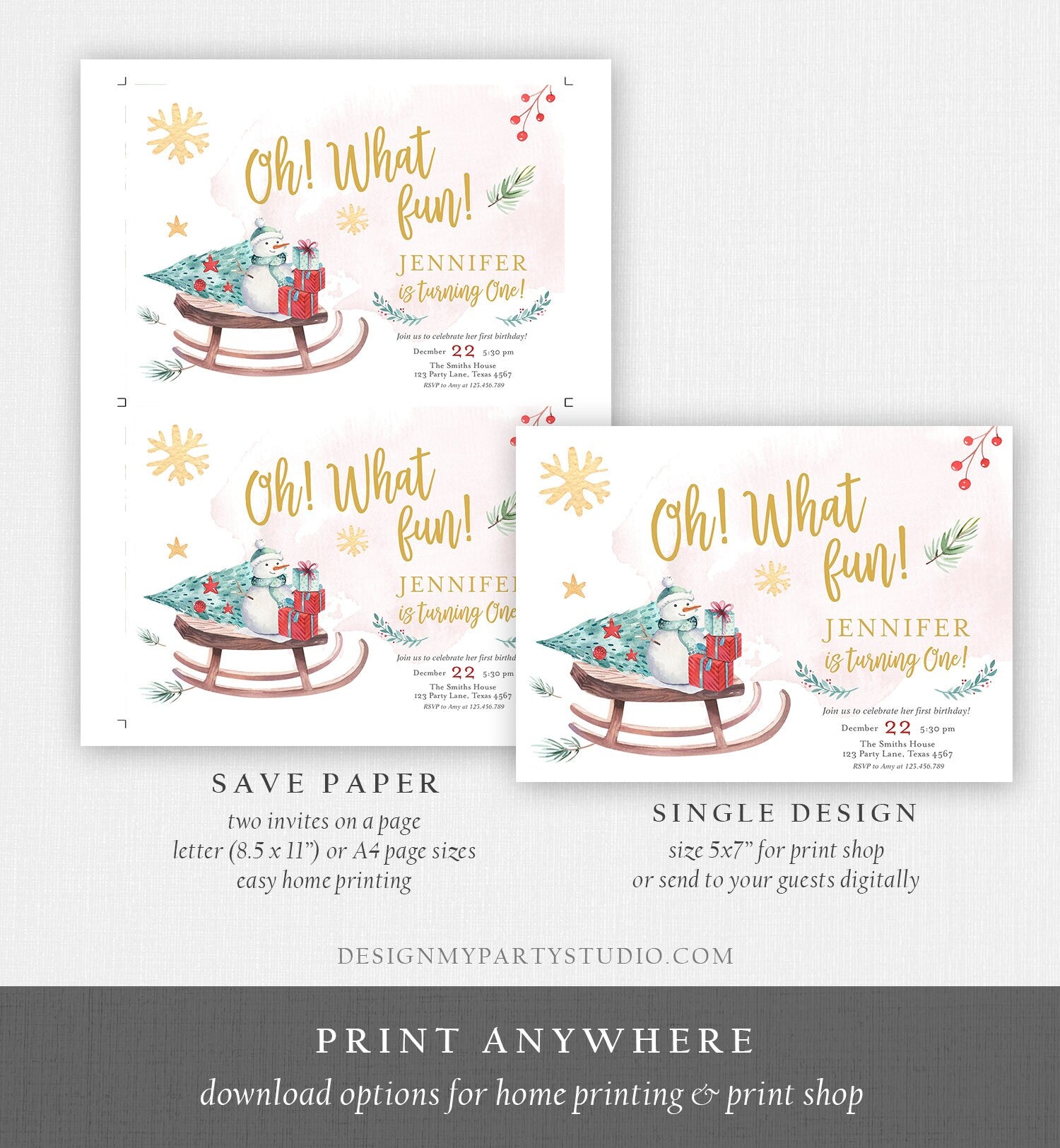 Editable Oh What Fun! Holiday First Birthday Invitation Winter Christmas Party Turning One Sleigh Trees Girl Gold Printable Template 0193