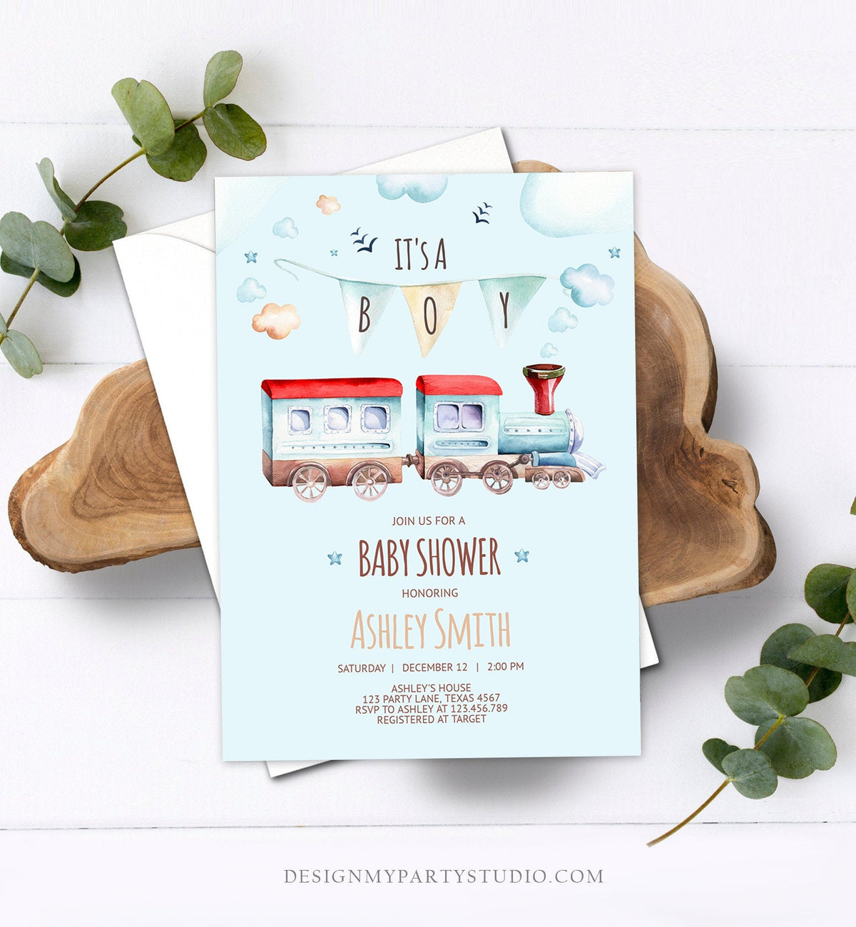 Editable Vintage Train Baby Shower Invitation Red Blue Vintage Chugga Chugga Choo Choo It&#39;s a Boy Clouds Stars Printable Template Corjl 0149