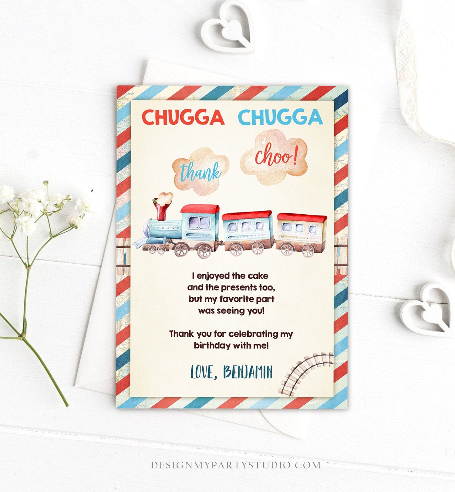 Editable Train Thank You Card Chugga Thank Choo Train Thanks Vintage Train Party Train Birthday Download Printable Template Corjl 0149