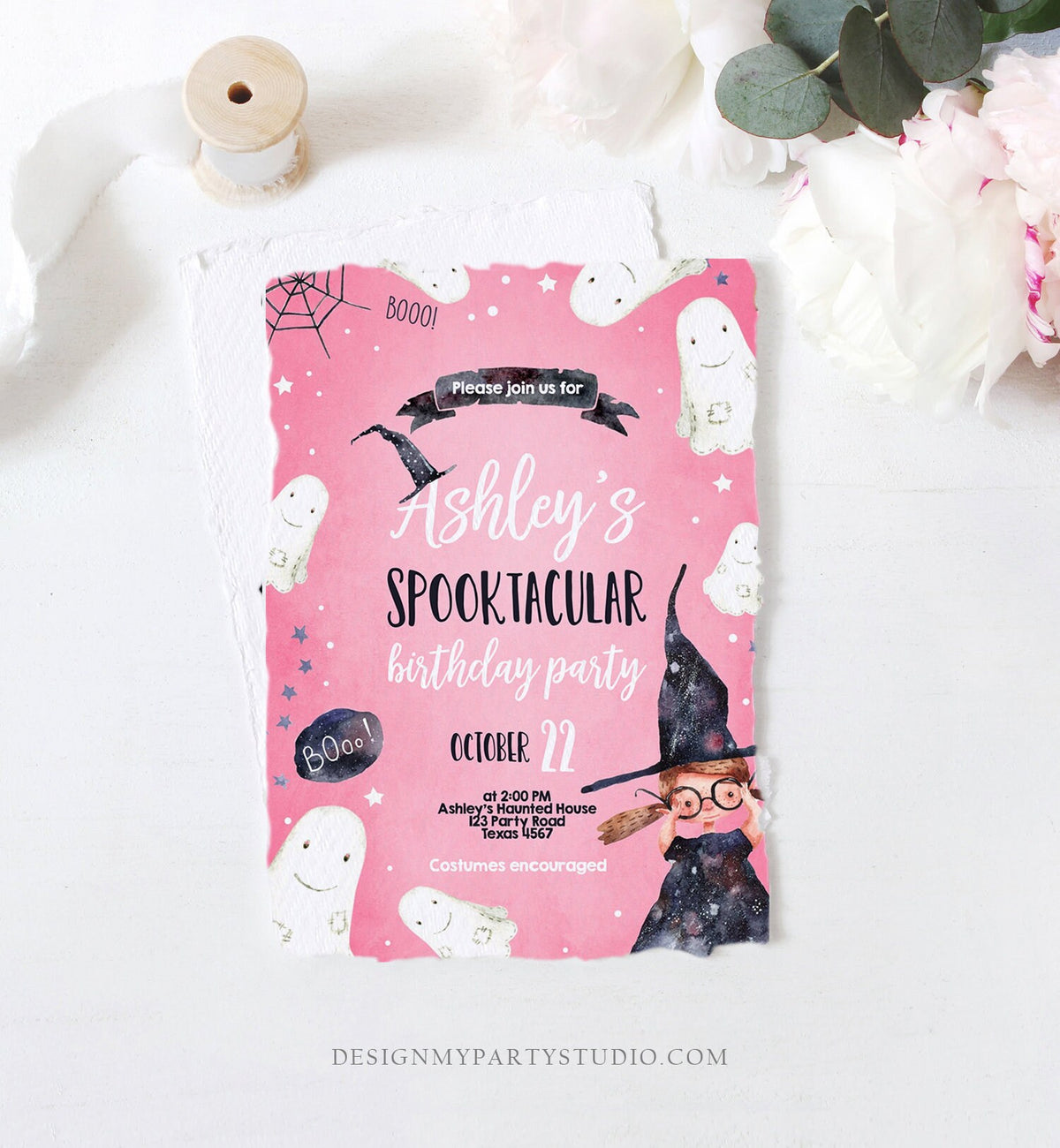 Editable Halloween Birthday Invitation Costume Party Girl Pink Kids Spooktacular Witch Hat Party Download Printable Template Corjl 0260