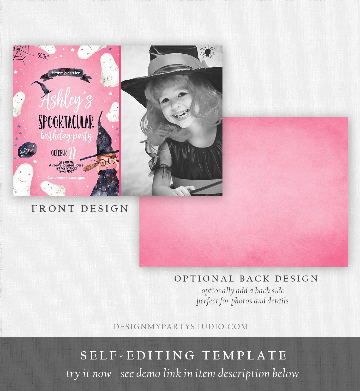 Editable Halloween Birthday Invitation Costume Party Girl Pink Kids Spooktacular Party Witch Hat Download Printable Template Corjl 0260