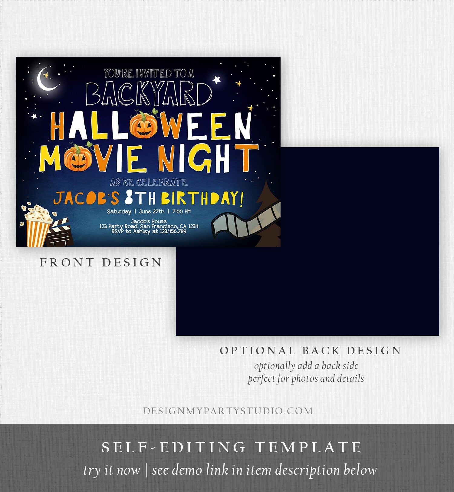 Editable Halloween Movie Night Birthday Invitation Outdoor Backyard Scary Movie Party Popcorn Spooktacular Pumpkin Template Corjl 0180