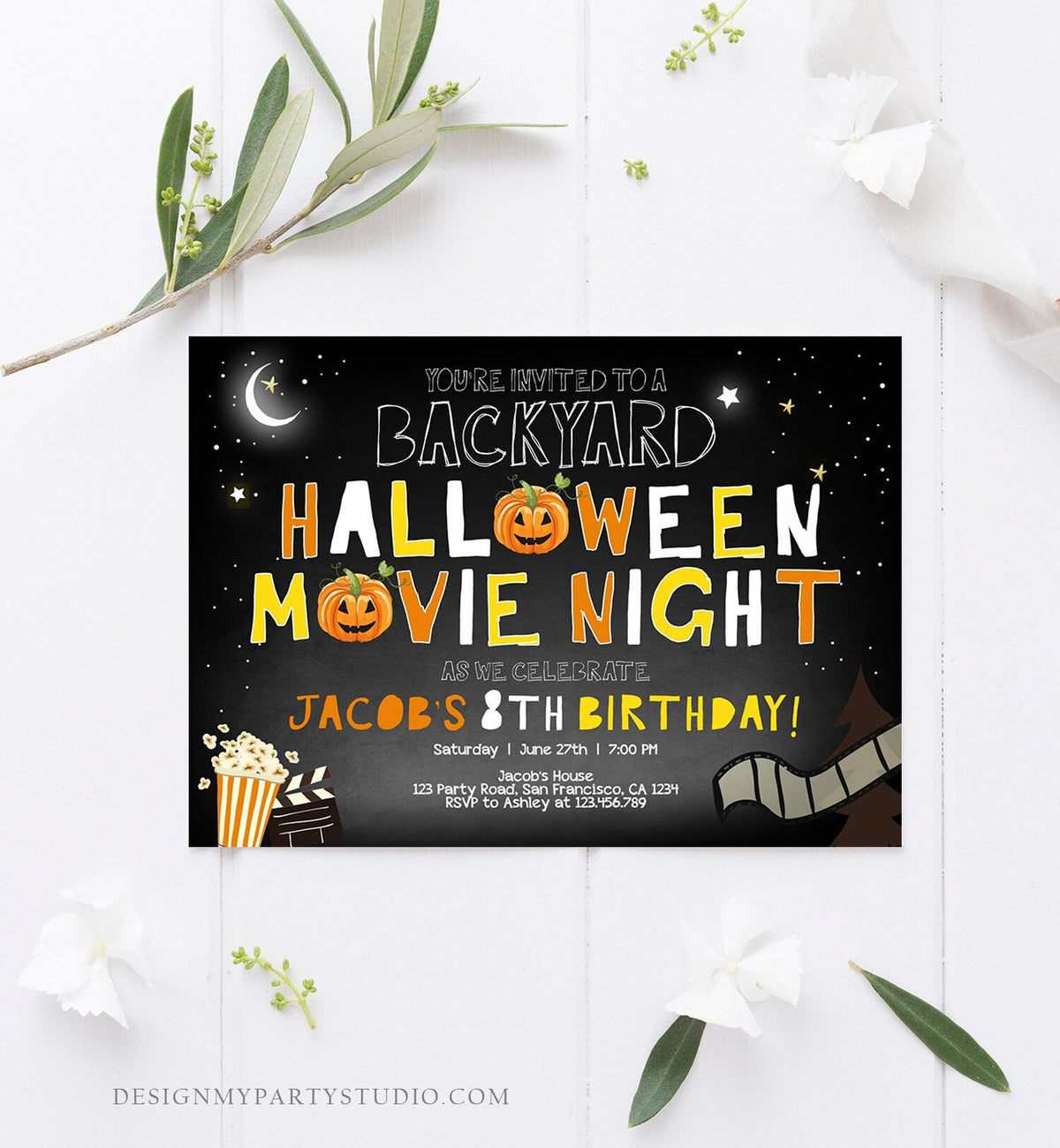 Editable Halloween Movie Night Birthday Invitation Outdoor Backyard Scary Movie Party Popcorn Spooktacular Pumpkin Template Corjl 0180