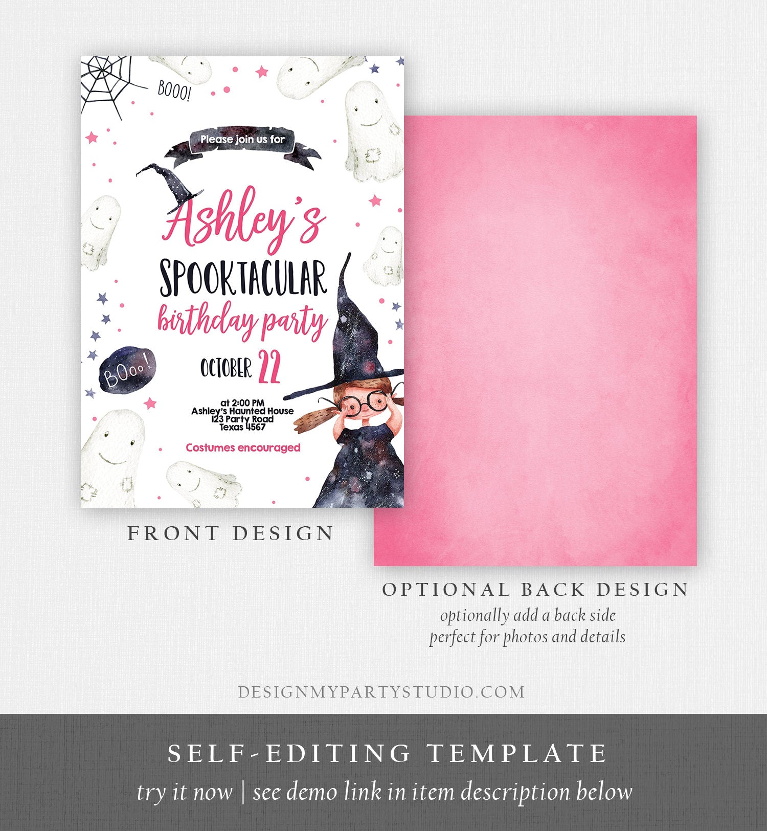 Editable Spooktacular Halloween Birthday Invitation Costume Party Kids Girl Pink Witch Hat Party Download Printable Template Corjl 0260