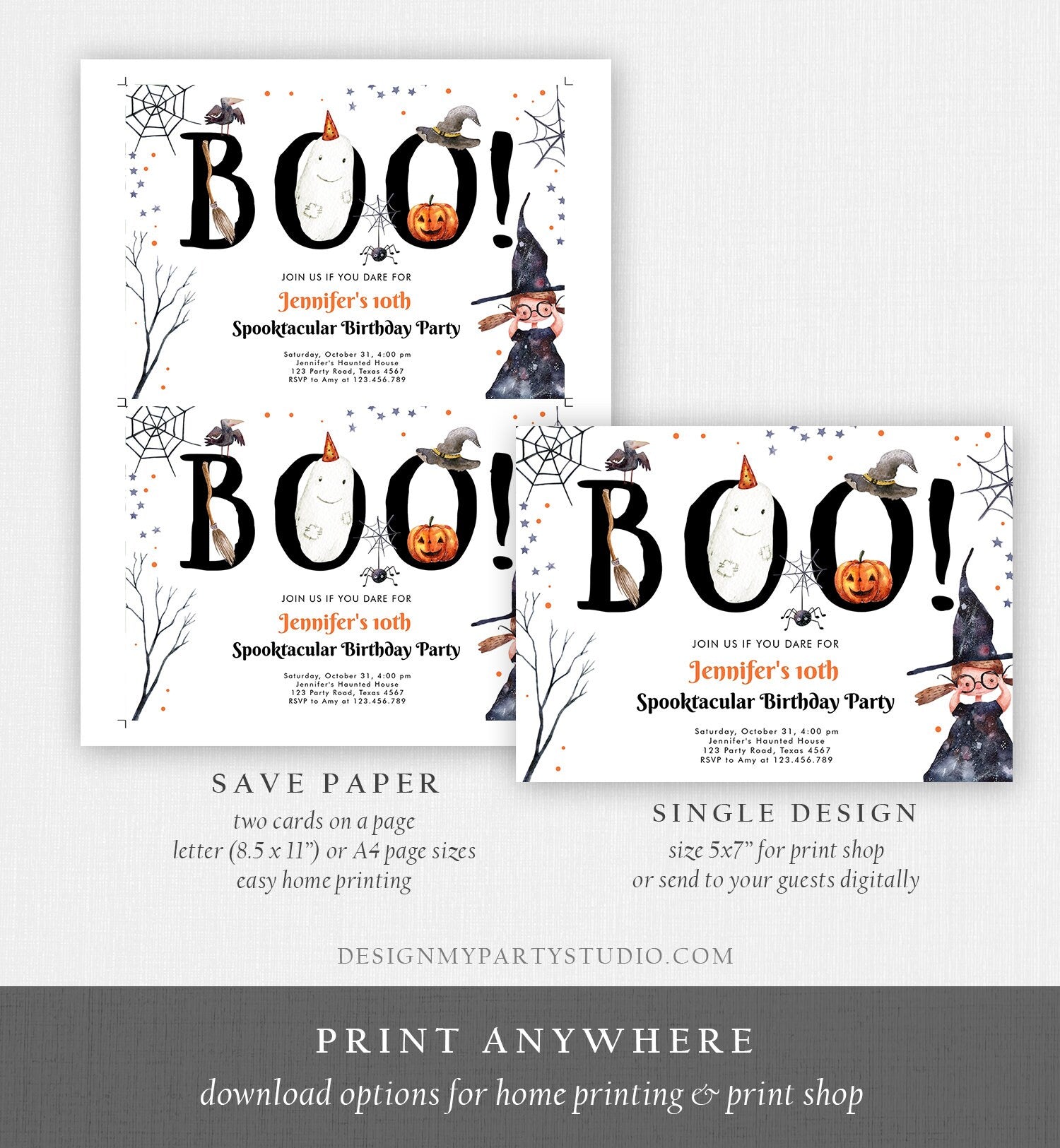 Editable Halloween Birthday Invitation Costume Trick or Treat Party Kids Spooktacular Witch Hat Party Download Printable Template Corjl 0261