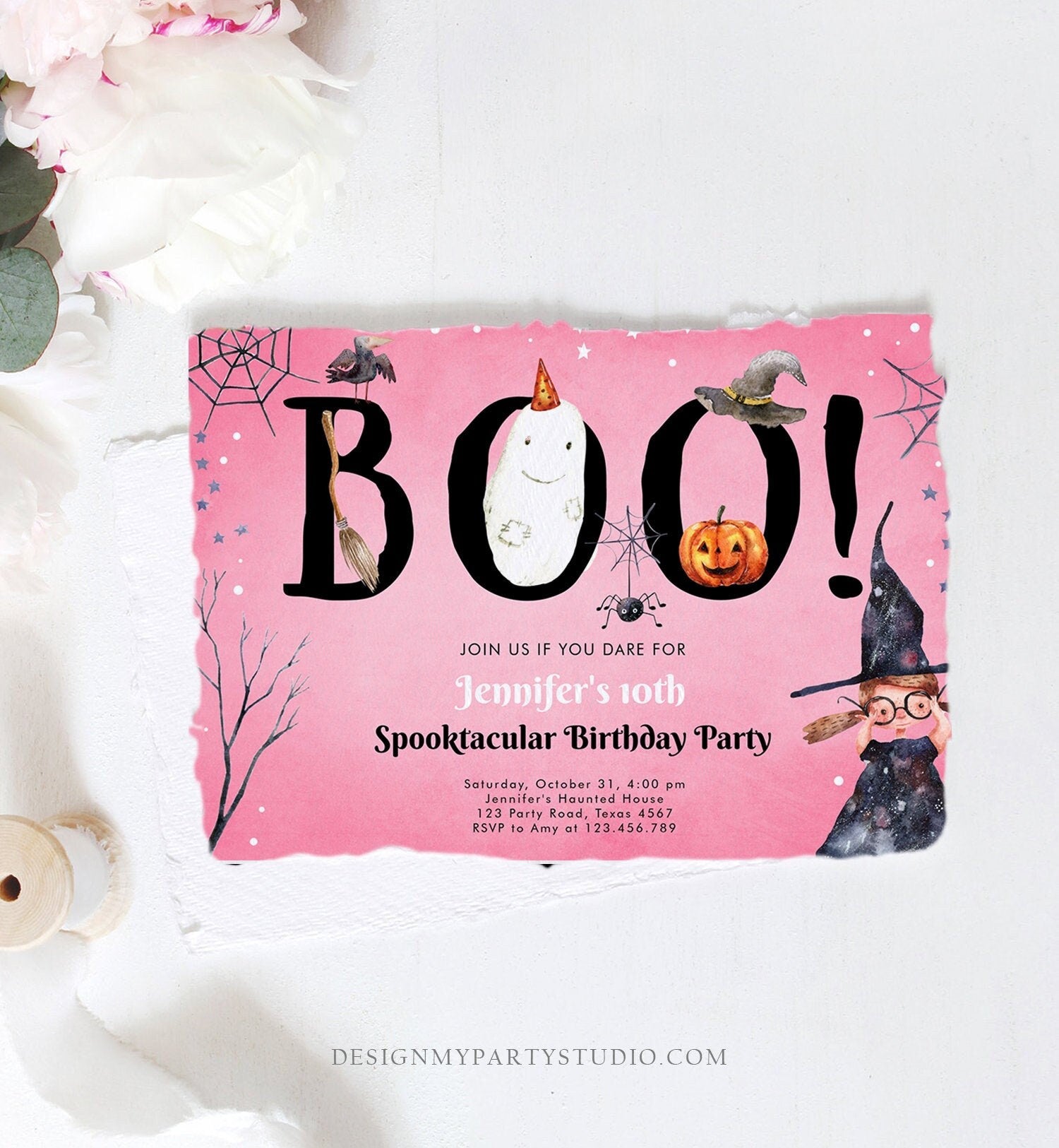 Editable Halloween Birthday Invitation Costume Party Girl Pink Kids Spooktacular Witch Hat Party Download Printable Template Corjl 0261