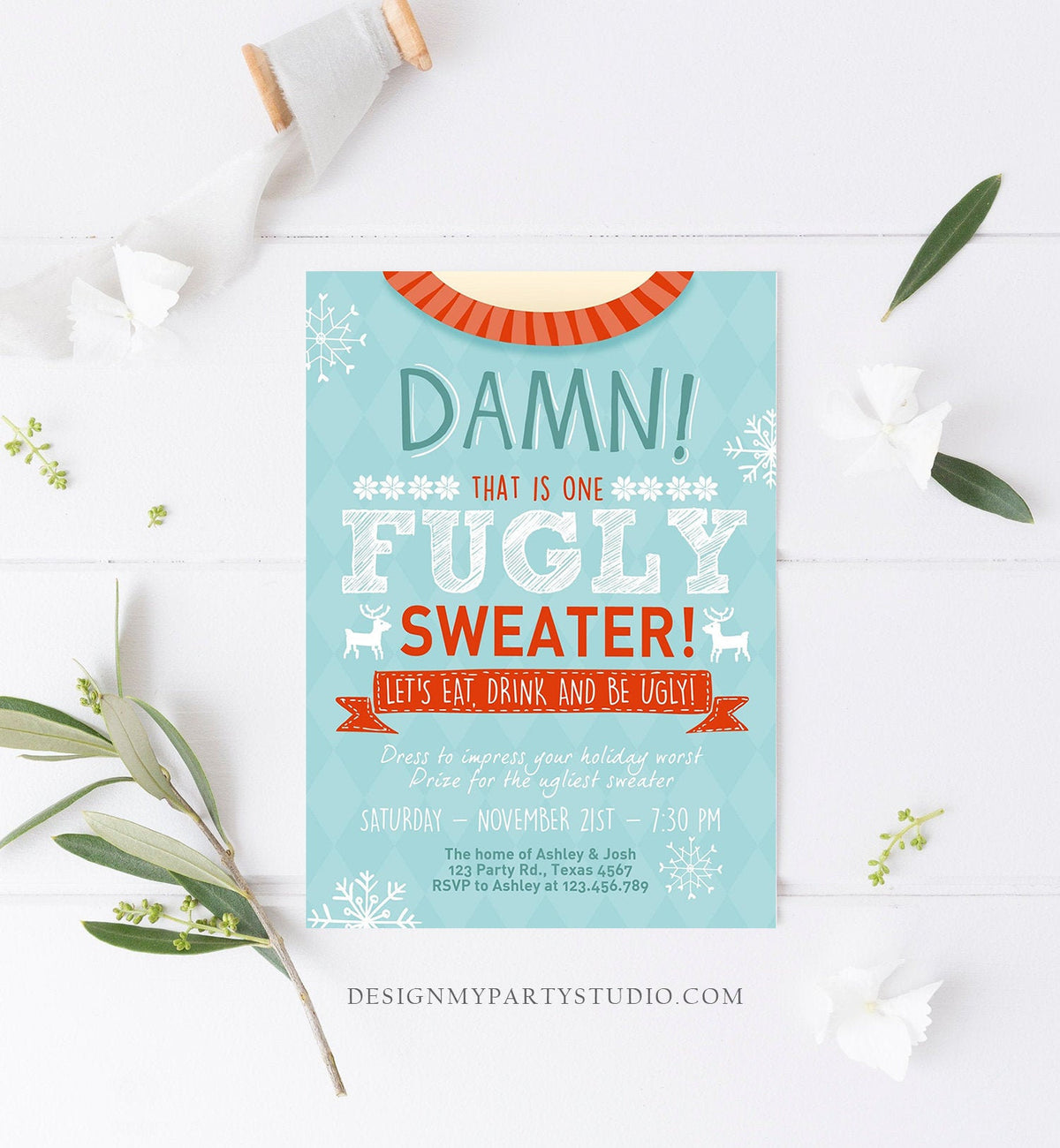 Editable Christmas Ugly Sweater Party Invitation Christmas Sweater Invitation Ugliest Blue Download Printable Invitation Template Corjl 0053