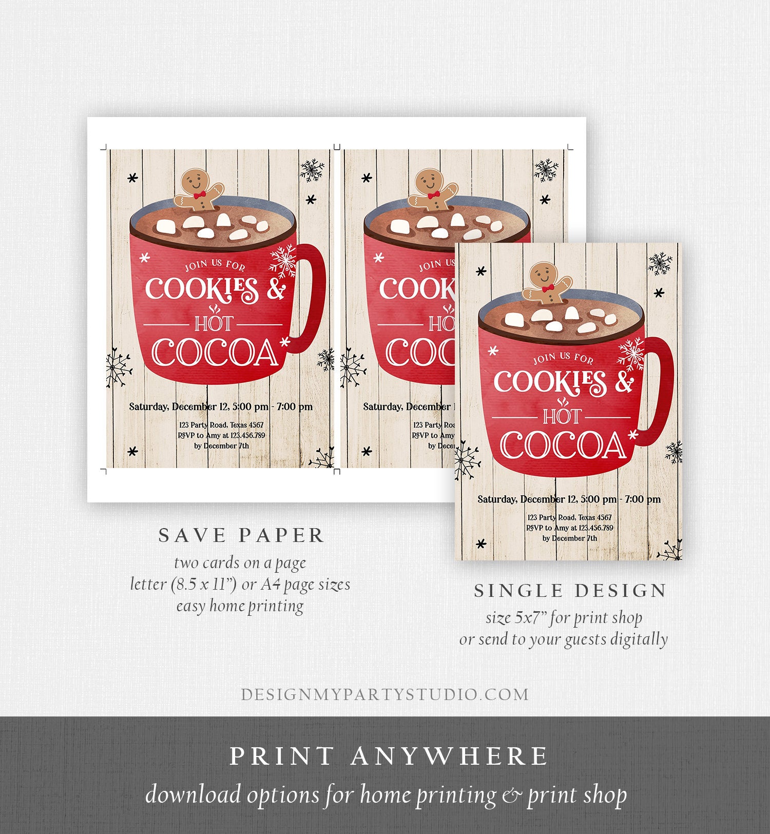 Editable Cookies and Cocoa Invitation Hot Cocoa Party Invitation Cookies and Milk Birthday Christmas Download Printable Template Corjl 0262