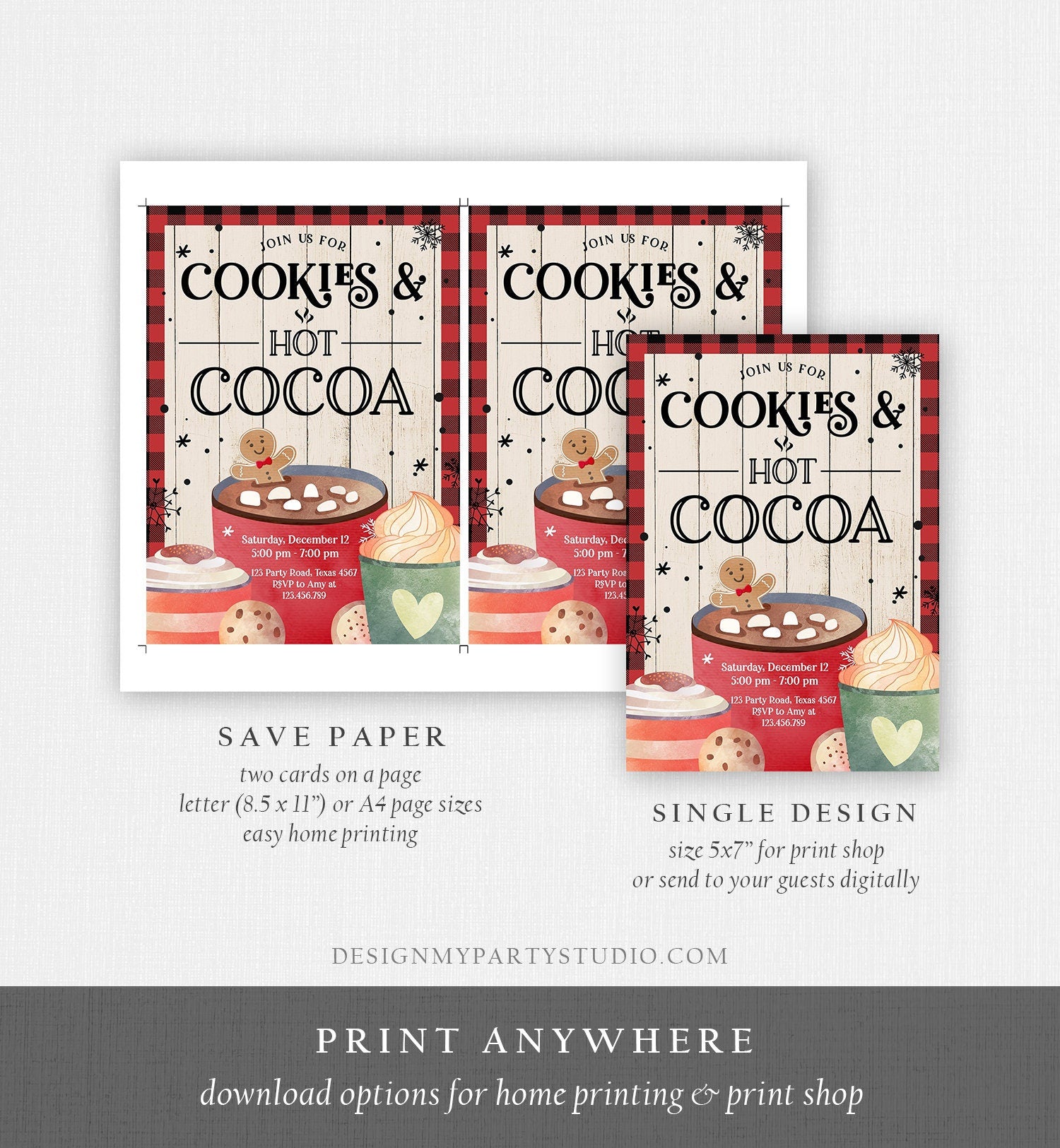 Editable Cookies and Cocoa Invitation Hot Cocoa Party Invite Hot Chocolate Birthday Lumberjack Plaid Download Printable Template Corjl 0262