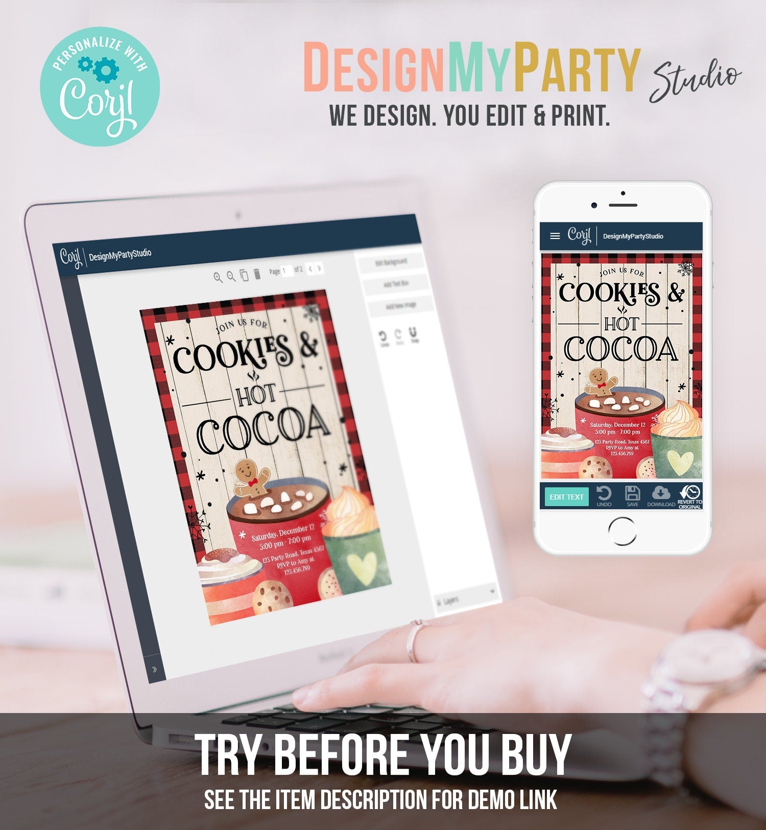 Editable Cookies and Cocoa Invitation Hot Cocoa Party Invite Hot Chocolate Birthday Lumberjack Plaid Download Printable Template Corjl 0262