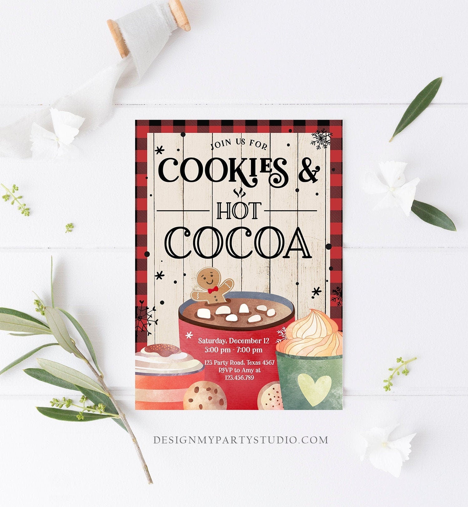 Editable Cookies and Cocoa Invitation Hot Cocoa Party Invite Hot Chocolate Birthday Lumberjack Plaid Download Printable Template Corjl 0262