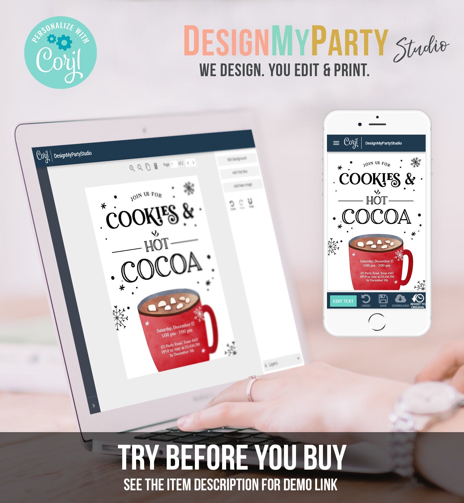 Editable Cookies and Cocoa Invitation Hot Cocoa Party Invitation Cookies and Milk Birthday Christmas Download Printable Template Corjl 0262