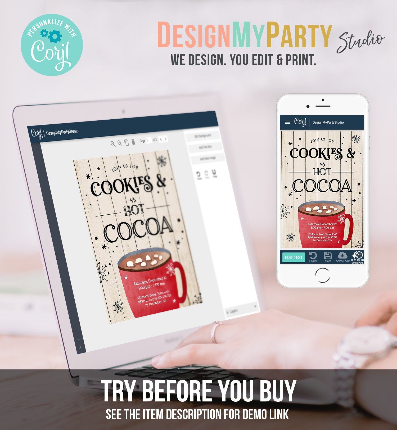 Editable Cookies and Cocoa Invitation Hot Cocoa Party Invitation Cookies and Milk Birthday Christmas Download Printable Template Corjl 0262