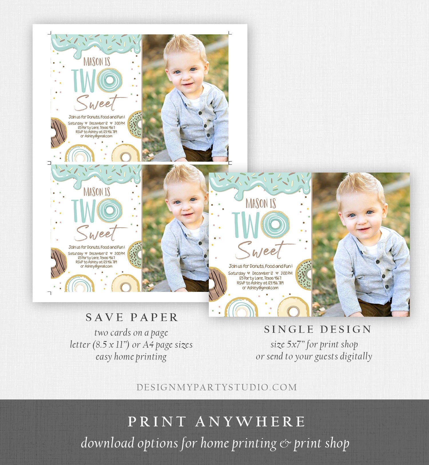 Editable Donut Two Sweet Birthday Invitation Second Birthday Party Blue Boy Doughnut 2nd Pastel Photo Download Printable Template Corjl 0050