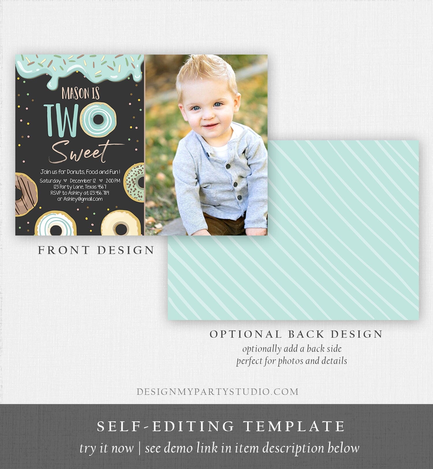 Editable Donut Two Sweet Birthday Invitation Second Birthday Party Blue Boy Doughnut 2nd Pastel Chalk Download Printable Template Corjl 0050