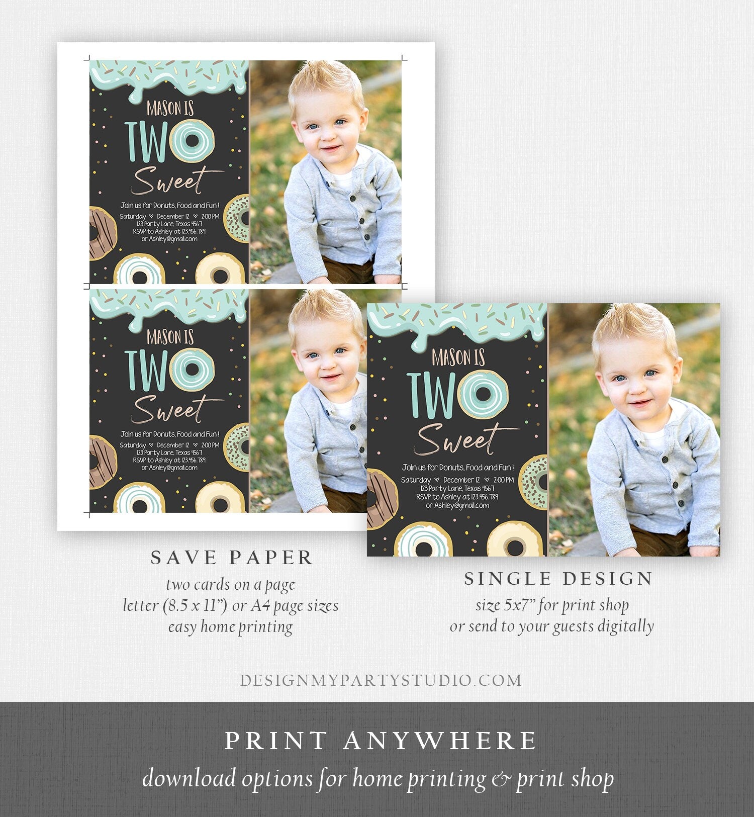 Editable Donut Two Sweet Birthday Invitation Second Birthday Party Blue Boy Doughnut 2nd Pastel Chalk Download Printable Template Corjl 0050