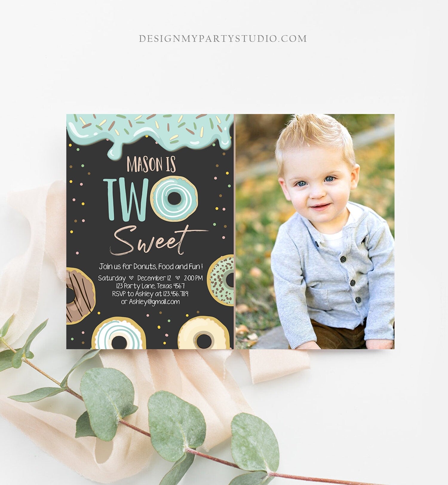 Editable Donut Two Sweet Birthday Invitation Second Birthday Party Blue Boy Doughnut 2nd Pastel Chalk Download Printable Template Corjl 0050