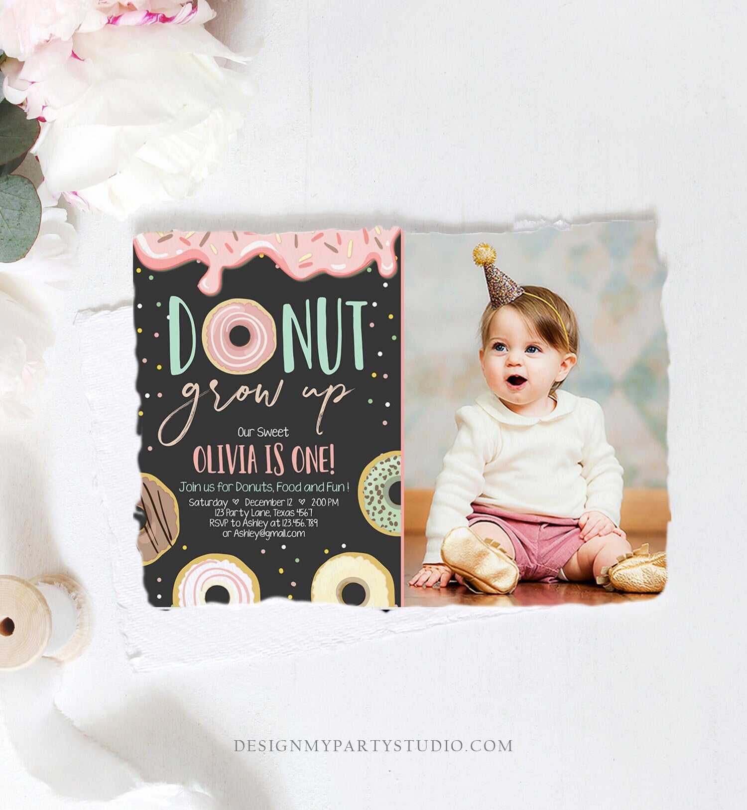 Editable Donut Grow Up Birthday Invitation First Birthday Party Pink Girl Doughnut Chalk Digital Download Printable Template Corjl 0320