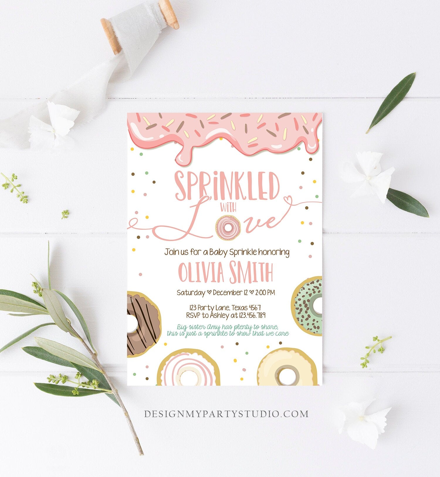 Editable Donut Sprinkled With Love Baby Shower Invitation Sprinkle Donut Diapers Coed Girl Pink Pastel Download Printable Corj Template 0320