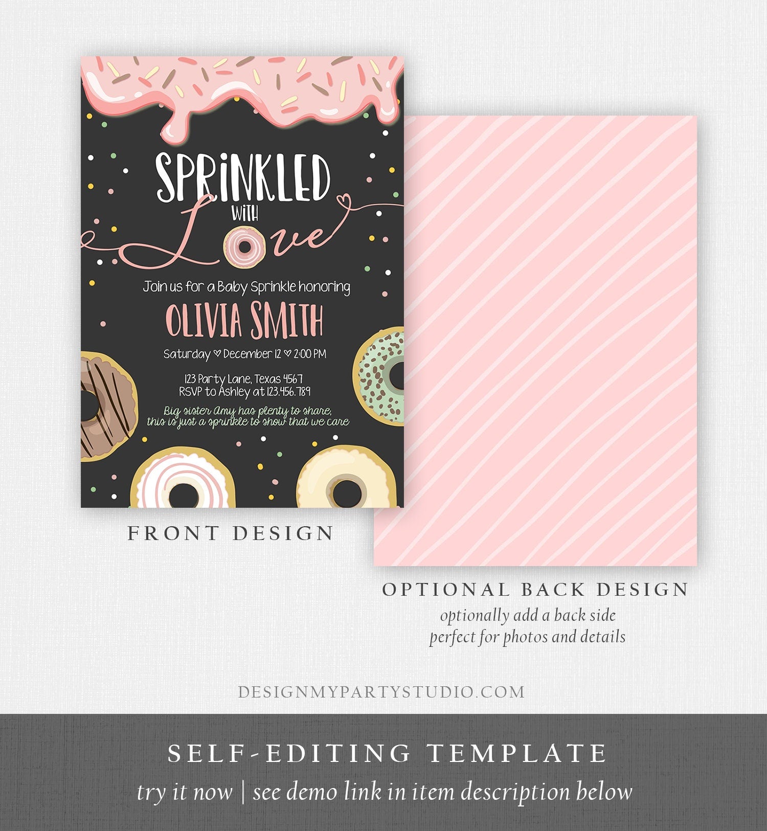 Editable Donut Sprinkled With Love Baby Shower Invitation Sprinkle Donut Diapers Coed Girl Pink Pastel Download Printable Corj Template 0320