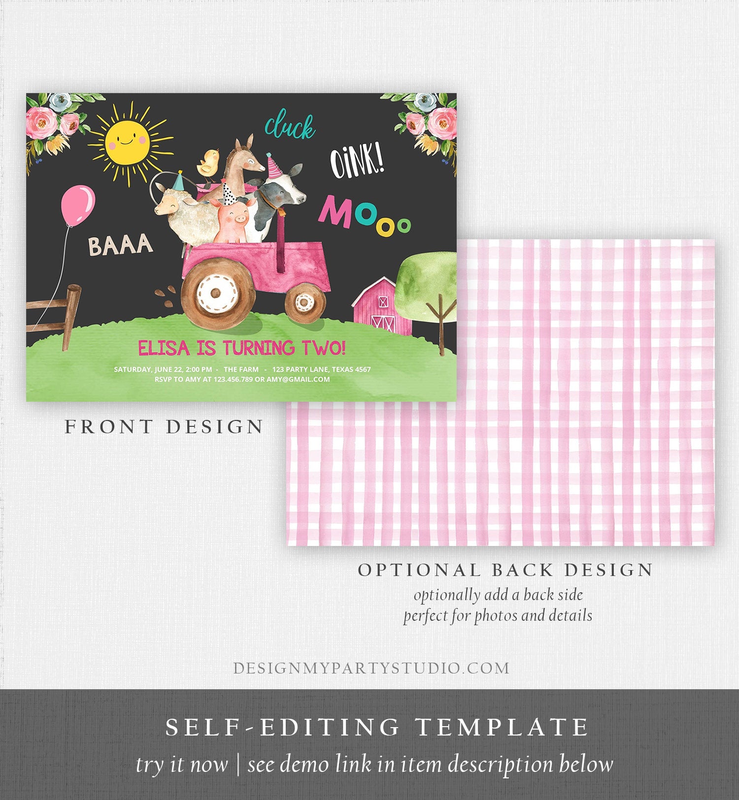 Editable Farm Birthday Invitation Girl Farm Animals Pink Floral Barnyard Party Tractor Download Printable Template Digital Corjl 0155