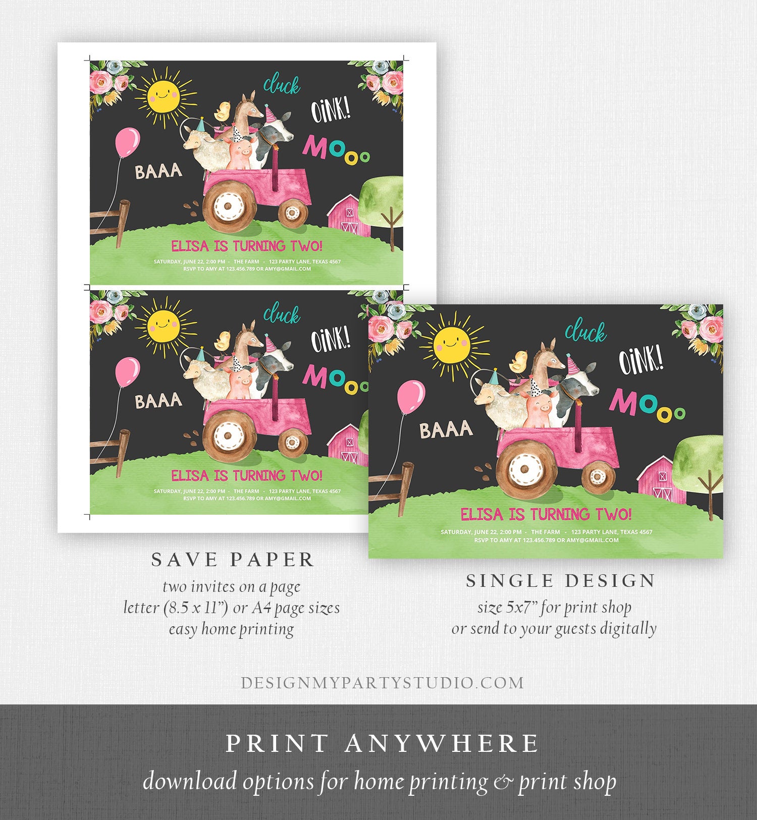 Editable Farm Birthday Invitation Girl Farm Animals Pink Floral Barnyard Party Tractor Download Printable Template Digital Corjl 0155