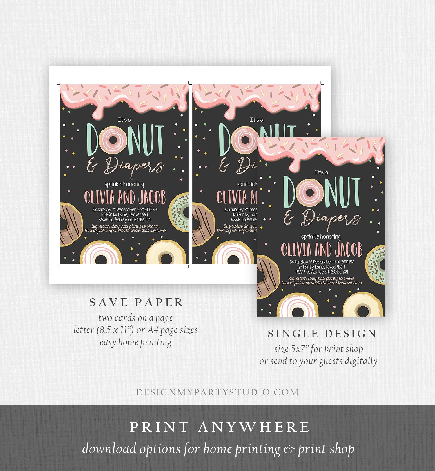 Editable Donut and Diapers Baby Shower Invitation Sprinkle Sprinkled With Love Coed Girl Pink Pastel Download Printable Corj Template 0320