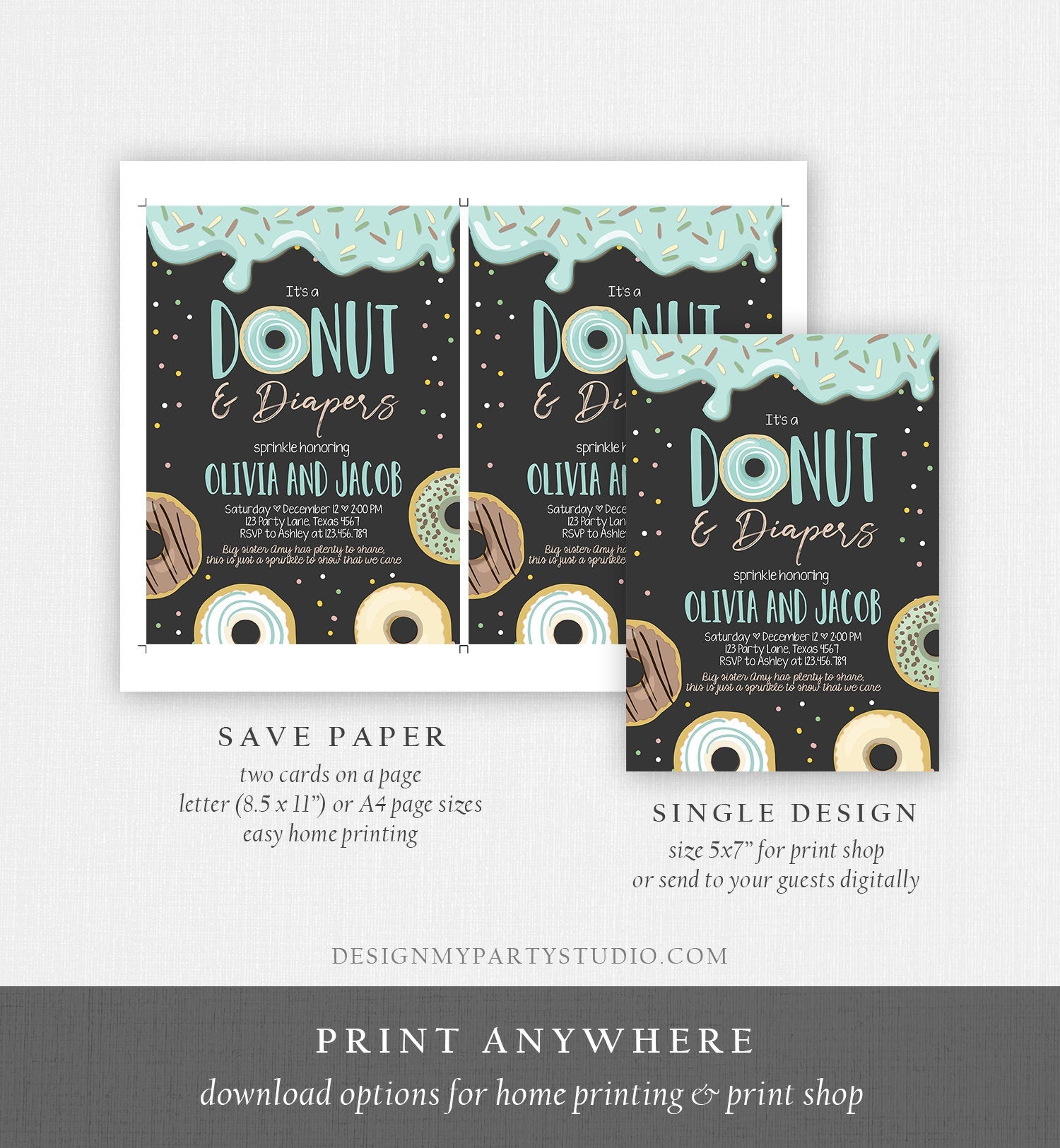 Editable Donut and Diapers Baby Shower Invitation Sprinkle Sprinkled With Love Coed Boy Blue Pastel Download Printable Corj Template 0320