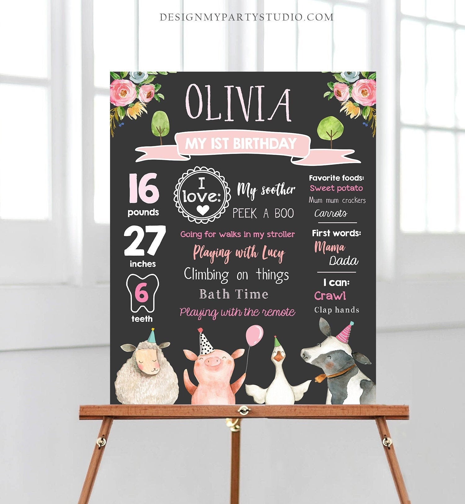 Editable Farm Animals Birthday Milestones Sign Girl Pink Farm Birthday Barnyard Bash Barnyard Sign Floral Download Template Printable 0155