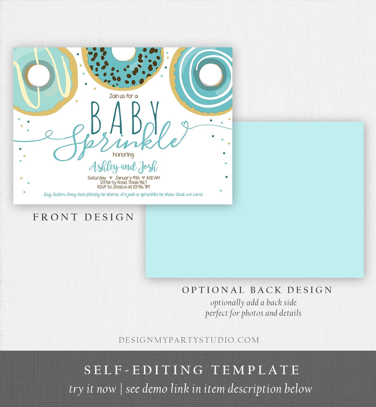 Editable Baby Sprinkle Baby Shower Invitation Sprinkled With Love Donut and Diapers Coed Boy Blue Download Printable Corj Template 0050