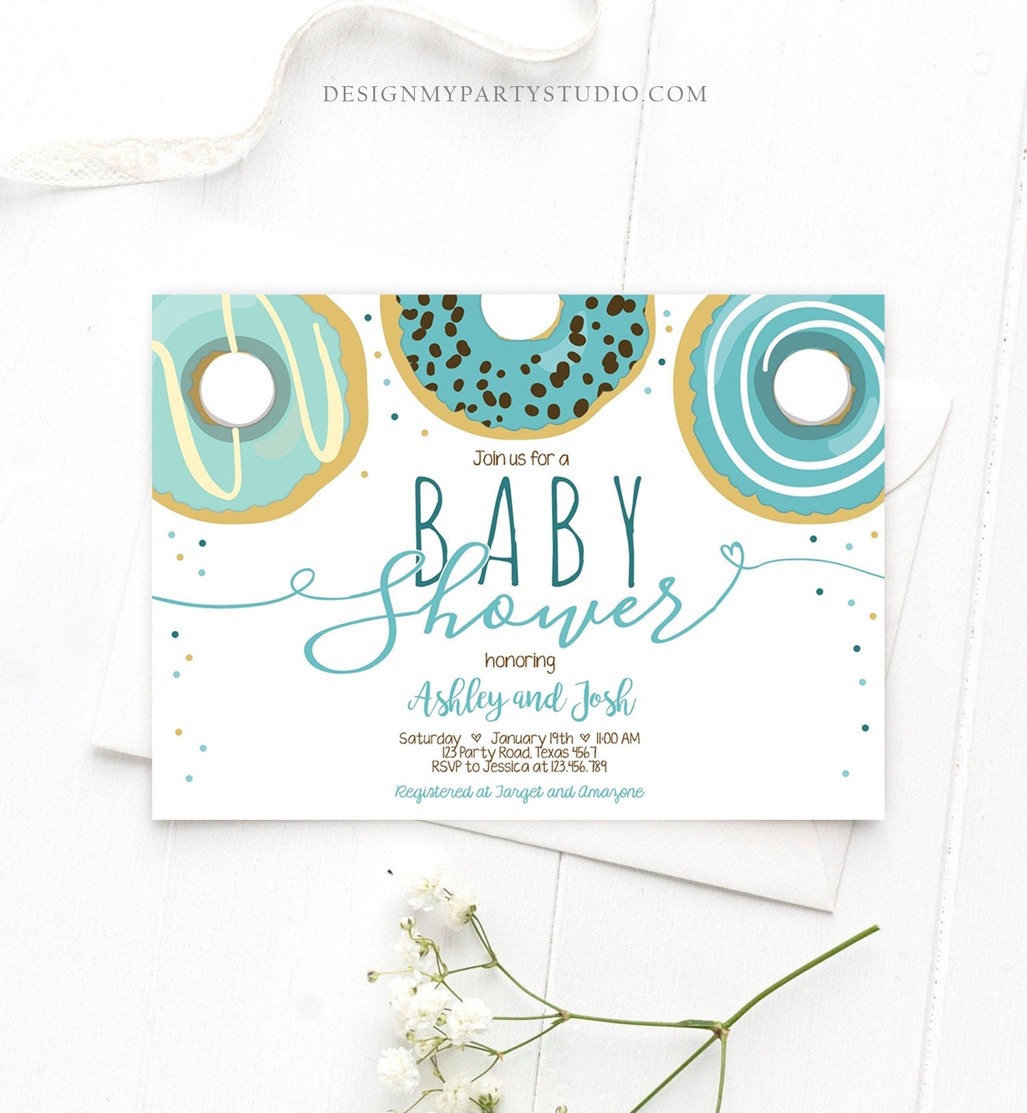 Editable Donut Baby Shower Invitation Sprinkle Sprinkled With Love Donut Diapers Coed Boy Blue Pastel Download Printable Corj Template 0050