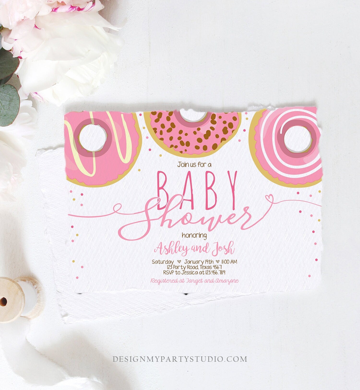 Editable Donut Baby Shower Invitation Sprinkle Sprinkled With Love Donut Diapers Coed Girl Pink Pastel Download Printable Corj Template 0050