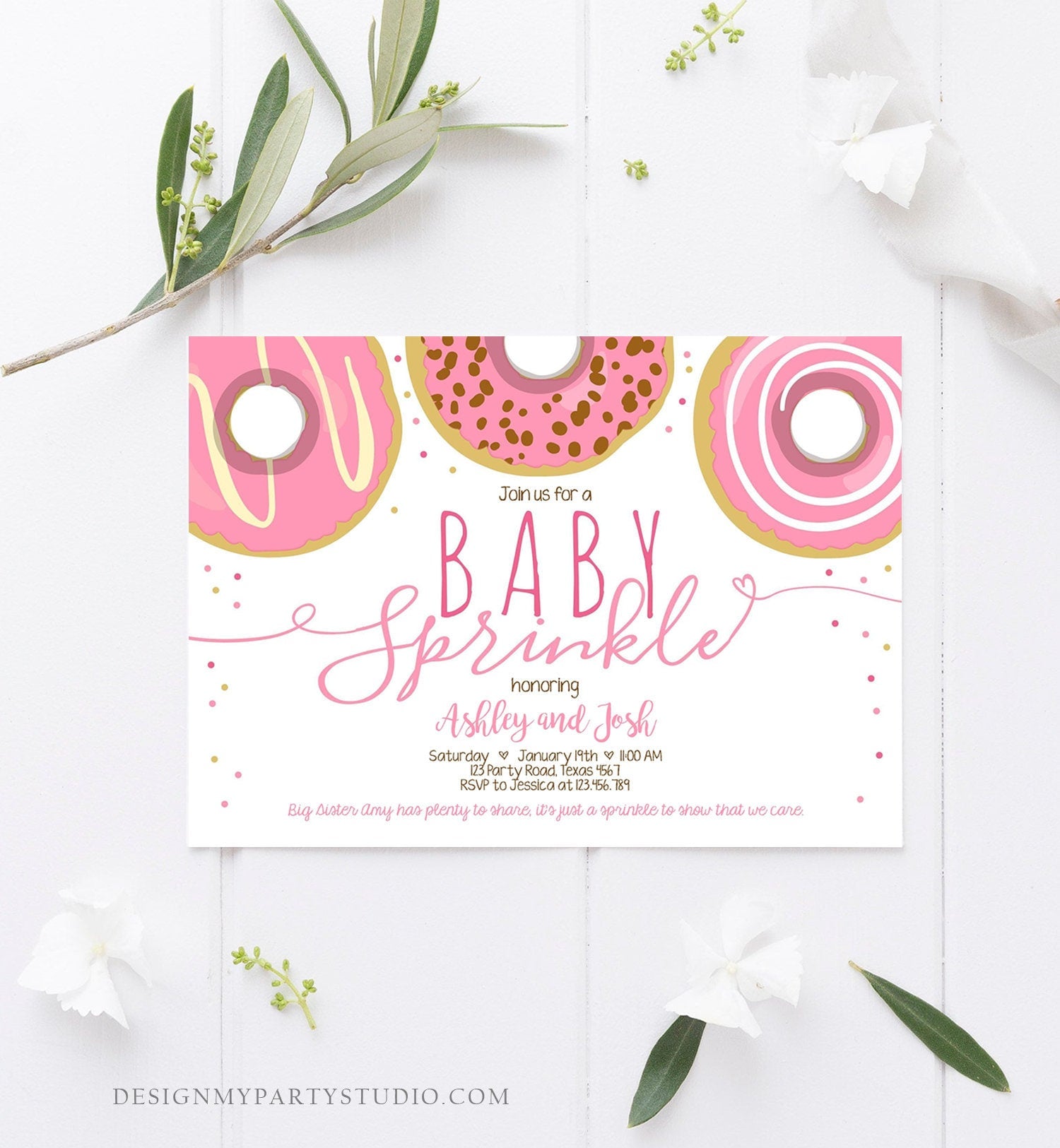 Editable Baby Sprinkle Baby Shower Invitation Sprinkled With Love Donut and Diapers Coed Girl Pink Download Printable Corj Template 0050