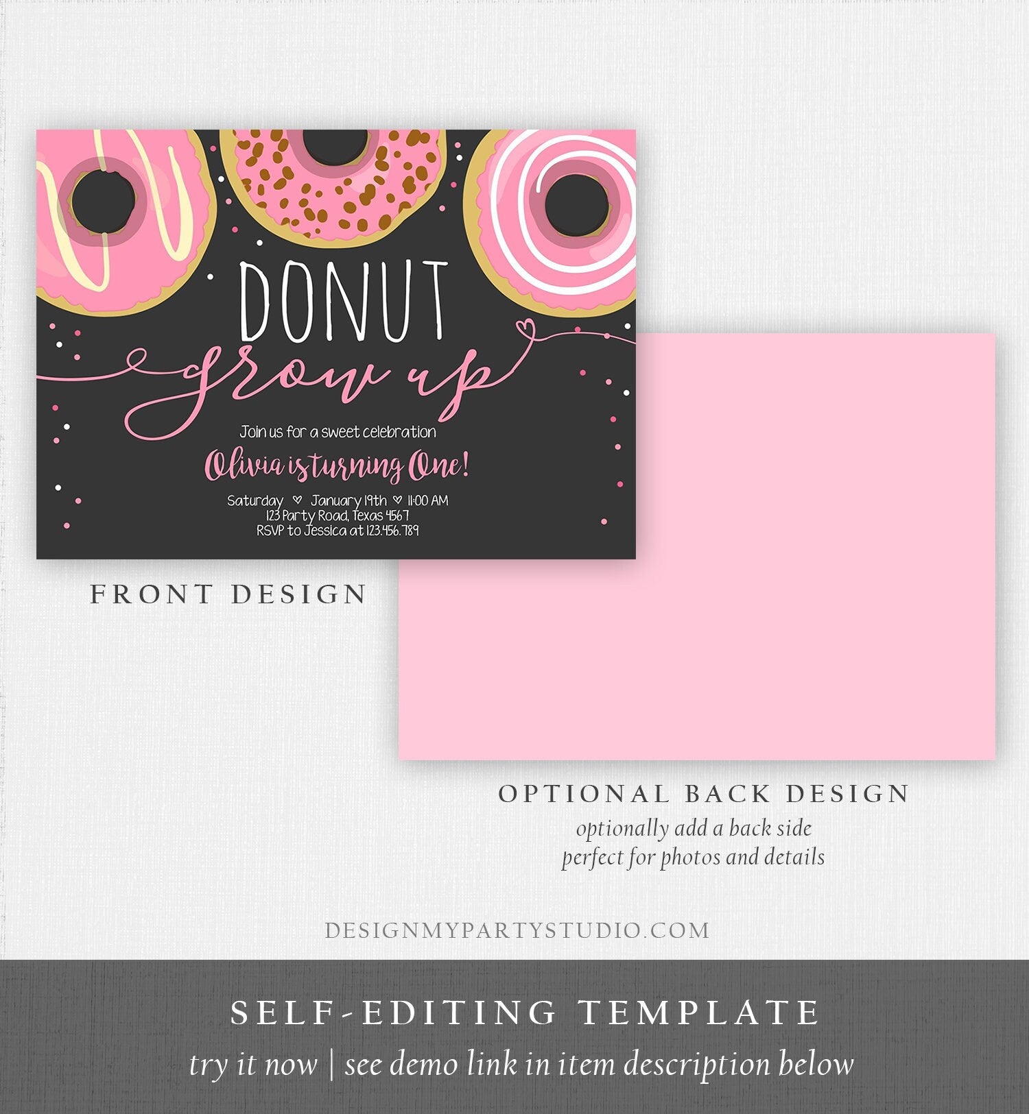 Editable Donut Grow Up Birthday Invitation First Birthday Party Pink Girl Doughnut 1st Pastel Photo Download Printable Template Corjl 0050