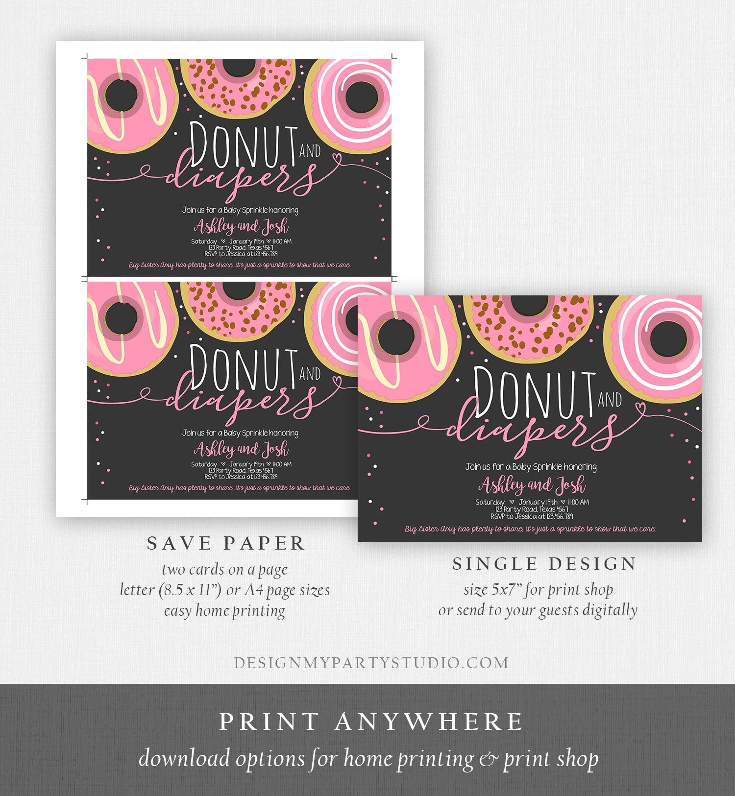 Editable Donut and Diapers Baby Shower Invitation Sprinkle Sprinkled With Love Coed Girl Pink Pastel Download Printable Corj Template 0050