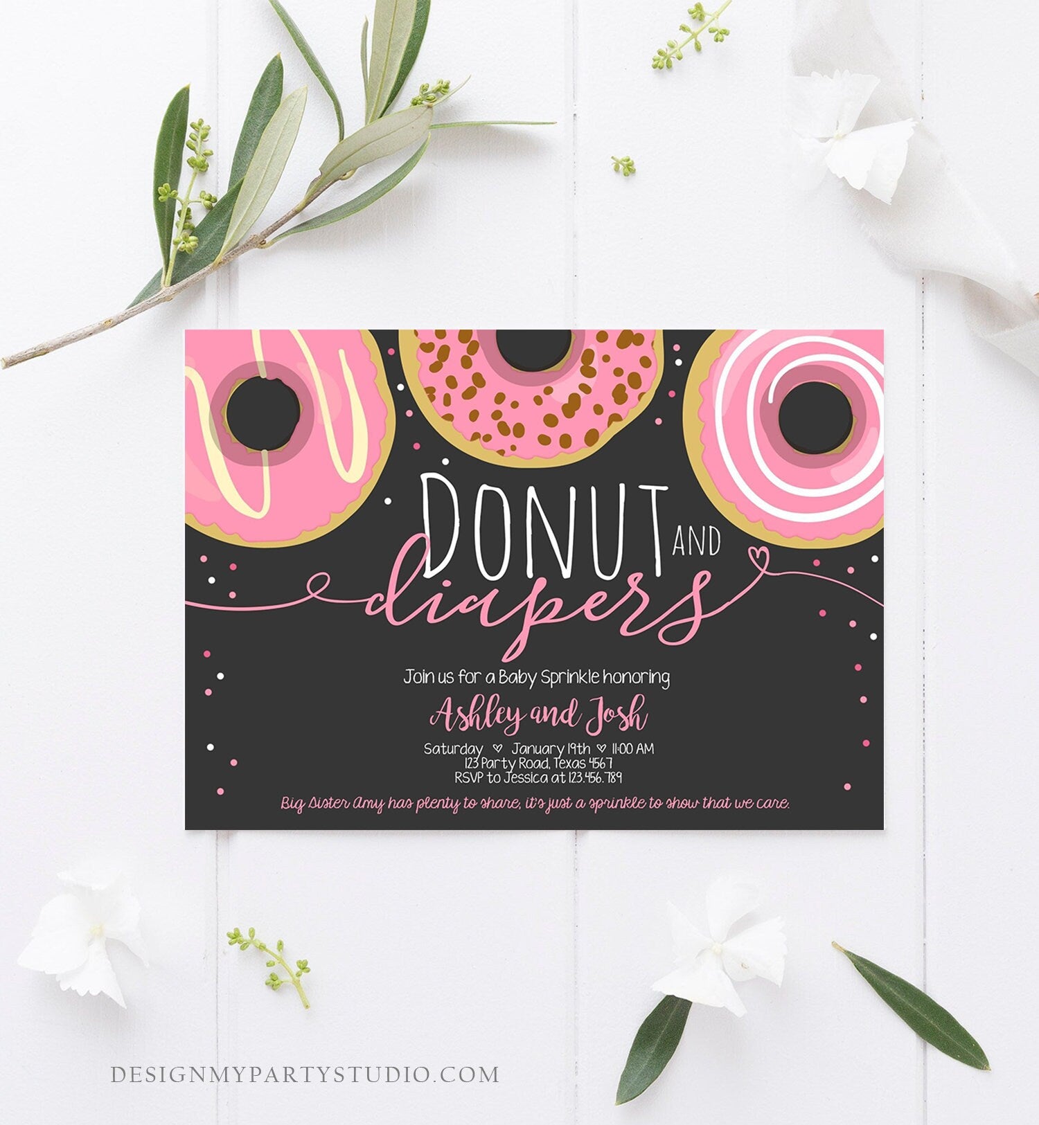 Editable Donut and Diapers Baby Shower Invitation Sprinkle Sprinkled With Love Coed Girl Pink Pastel Download Printable Corj Template 0050