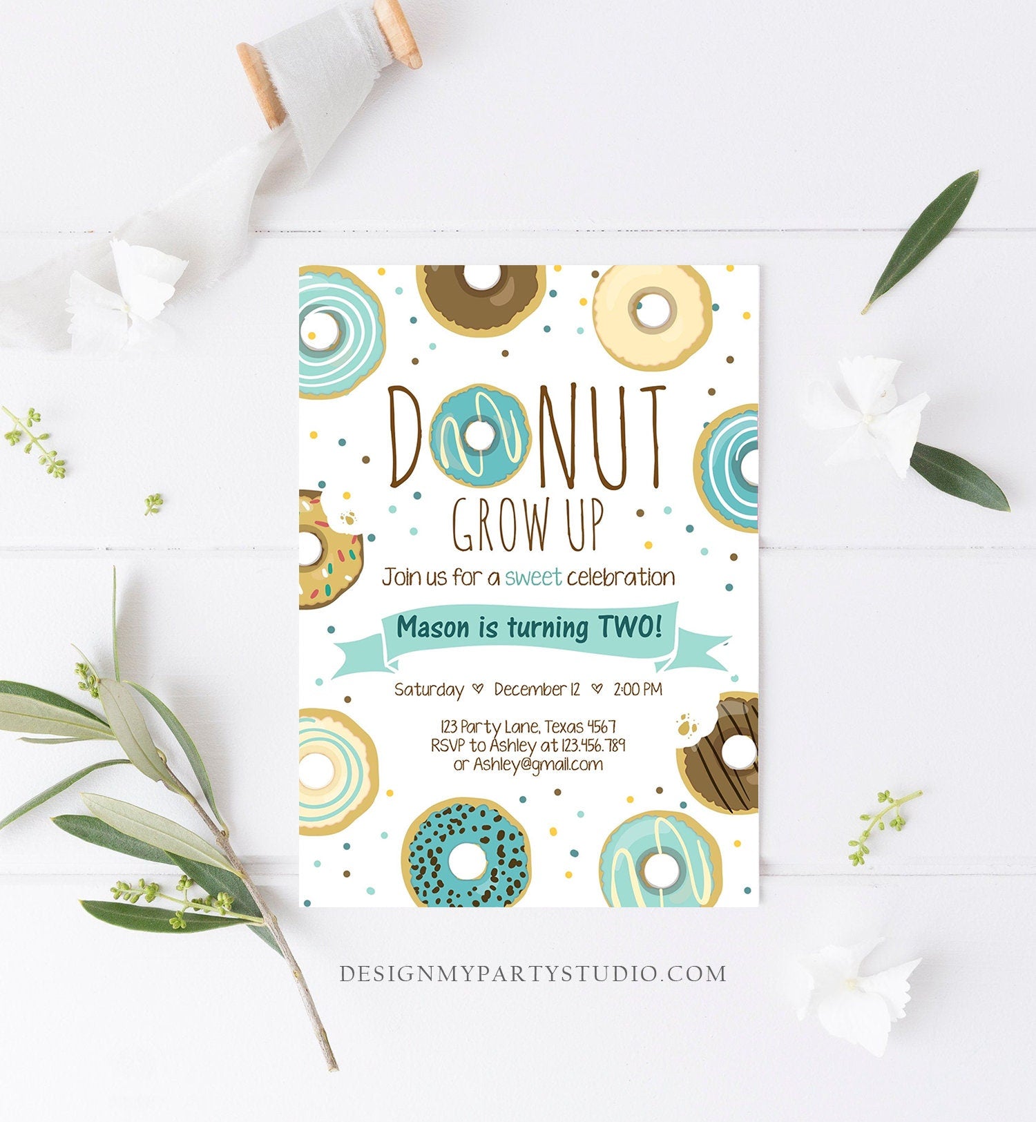 Editable Donut Grow Up Birthday Invitation First Birthday Party Blue Boy Doughnut 1st Pastel Instant Download Printable Template Corjl 0050