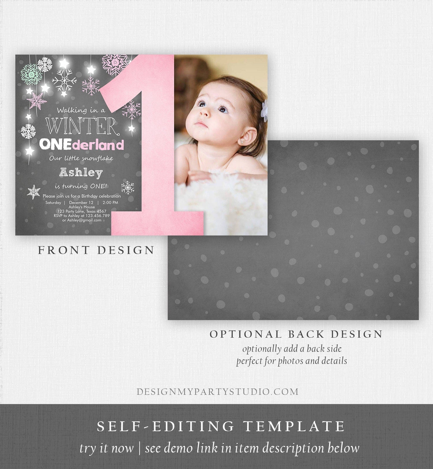 Editable Winter ONEderland Birthday Invitation Pink Girl First Birthday Snowflake Girl Instant Download Printable Invite Template Corjl 0057